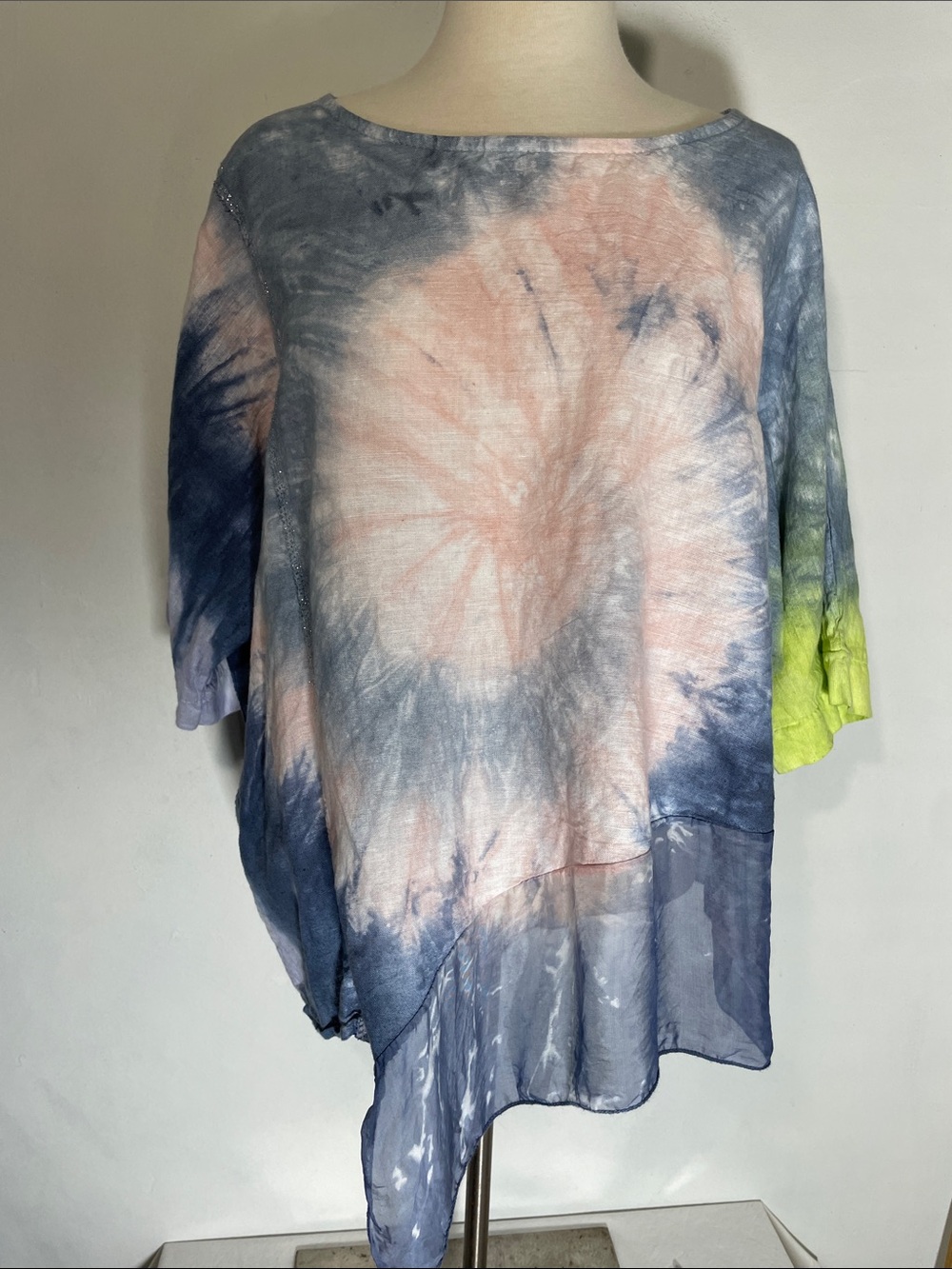 Belle France Boho Tie-Dye Linen Silk Short Sleeve Top S